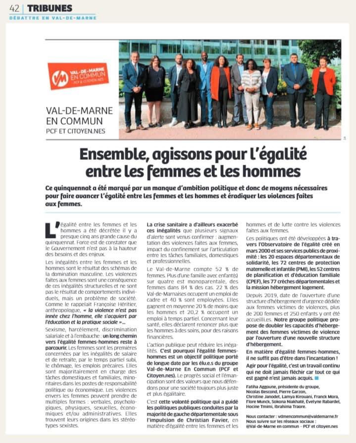 🟣A l’occasion de la journée internationale de lutte contre les violences faites aux femmes, nous vous partageons notre tribune.
▶️L’occasion de revenir sur les politiques publiques départementales initiées par la précédente majorité de gauche en matière d’égalité femmes/hommes.