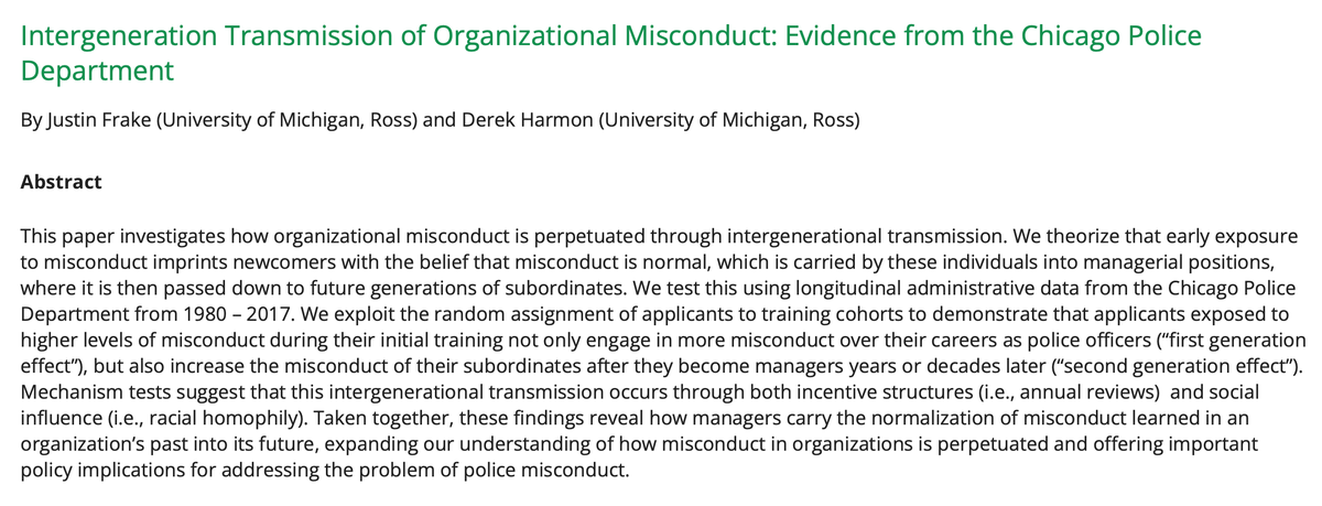 1/ Our next <a href="/SIEworkshop/">SIE workshop</a> is on Dec 2 @ 5.30PM (Paris time) 

<a href="/JustinFrake/">Justin Frake</a> <a href="/MichiganRoss/">Ross School of Business</a> presents

"Intergeneration Transmission of Organizational Misconduct: Evidence from the Chicago Police Department"

Discussant: @LamarPierce1 @WUSTLbusiness
 
Register: esade.zoom.us/meeting/regist…