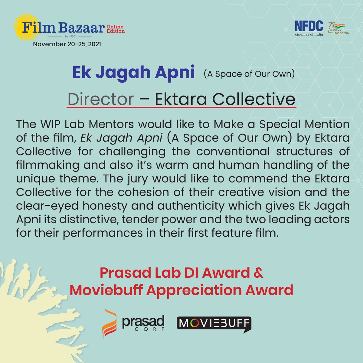filmbazaarindia's tweet photo. @nfdcindia @PrasadCorp @qubecinema @JaichengDohutia @shetty_rishab @rishabsfilms @abhradas1 @deemelinda @167wordsaday (2/2)

Many congratulations! 👏🏼

#FilmBazaarOnline #FilmBazaarAwards #WIPLab2021 #WIPLabWinners #WIPLabSpecialMention https://t.co/LHJSslc0ed