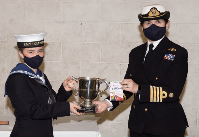 HMS_Collingwood's tweet image. For Senior Officer Rounds last night, our #phase2 sailors were brought to attention &amp;amp; inspected by Captain Catherine Jordan RN.

AB Ellis has been awarded a trophy for Best Mess. 

ET Hardingham has been awarded the trophy for best individual bunk space.

#MadeinTheRoyalNavy