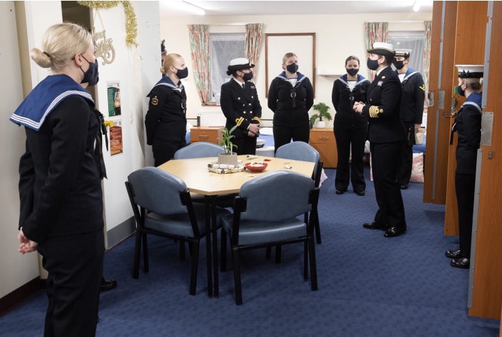 HMS_Collingwood's tweet image. For Senior Officer Rounds last night, our #phase2 sailors were brought to attention &amp;amp; inspected by Captain Catherine Jordan RN.

AB Ellis has been awarded a trophy for Best Mess. 

ET Hardingham has been awarded the trophy for best individual bunk space.

#MadeinTheRoyalNavy