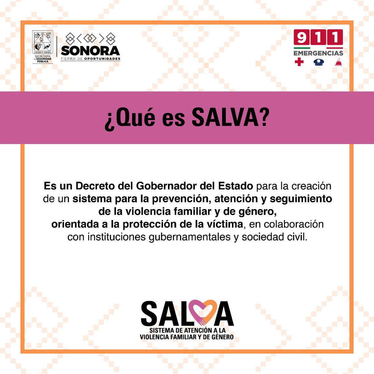 SonoraSeguridad's tweet photo. SALVA es la forma en la que la Secretaría de Seguridad Pública enfrentará a la violencia familiar y de género. 
Conoce más 👇

#AccionesParaDetenerLaViolenciaFamiliar 
#SonoraEnPaz https://t.co/yQ4PyuY1Y6