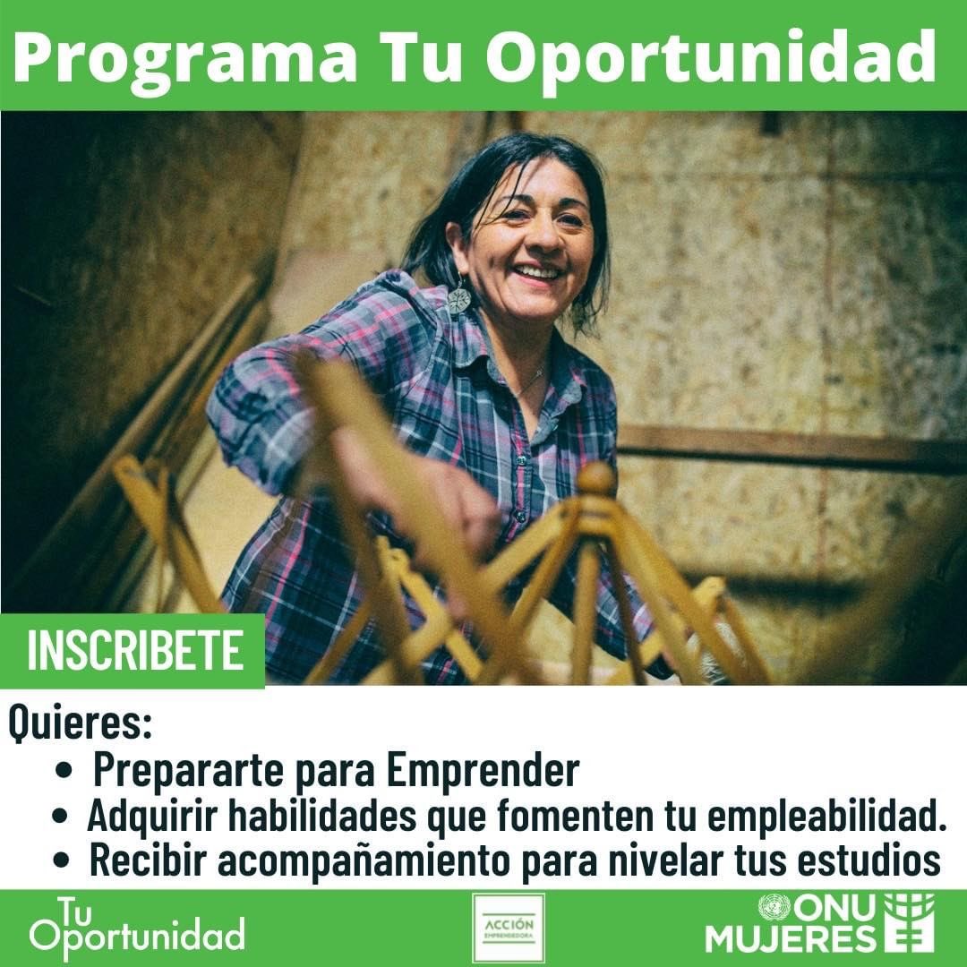 Si eres Mujer y resides en la Región de Antofagasta, Arica y Parinacota, Tarapaca, Atacama y quieres: Nivelar tus Estudios, Insertarte Laboralmente, Emprender, esta es #TuOportunidad  es totalmente gratuito, Inscríbete del link bit.ly/31A9ut7