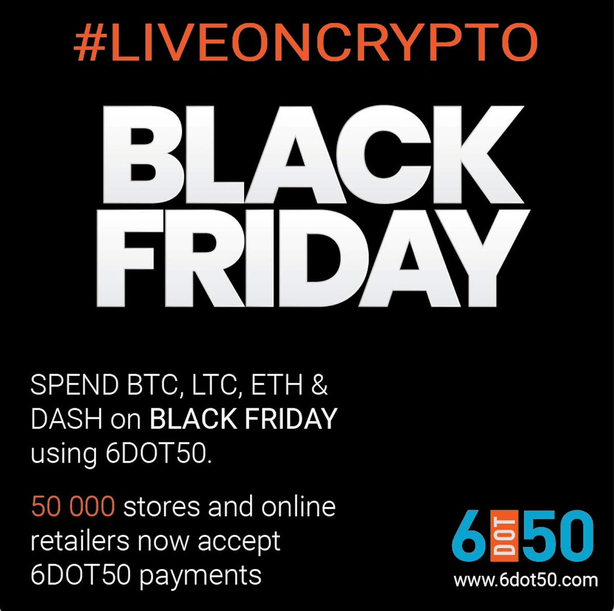 6dotfifty's tweet photo. With cryptos at an all-time high, spoil yourself this Black Friday!
Visit 6DOT50 (https://t.co/dbccJlvhlm) and sign-up to spend your cryptos.
It's simple, easy and quick and all you need is a mobile number.
 
#LIVEONCRYPTO
#6DOT50 https://t.co/Atcz3B0p7f