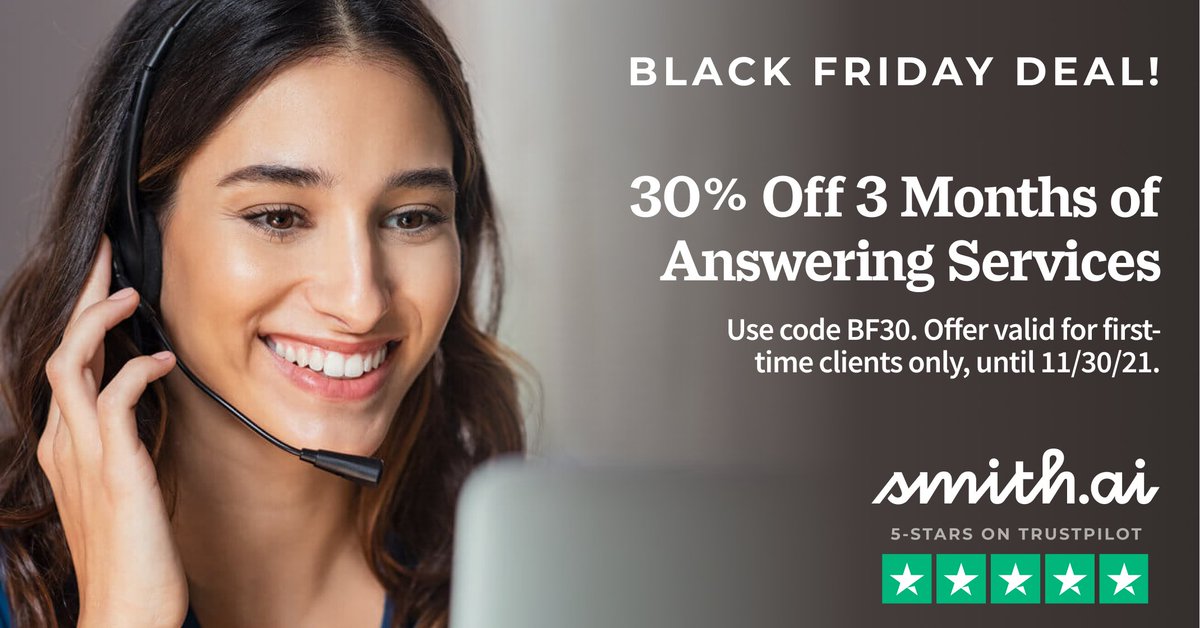 smithdotai's tweet photo. 30% off for 3 whole months? You got that right! Get our #BlackFriday deal now thru 11/30, and enjoy a more care-free holiday season with the help of our 24/7 #virtualreceptionists! https://t.co/NCX5599nXb https://t.co/UWytWw20cE
