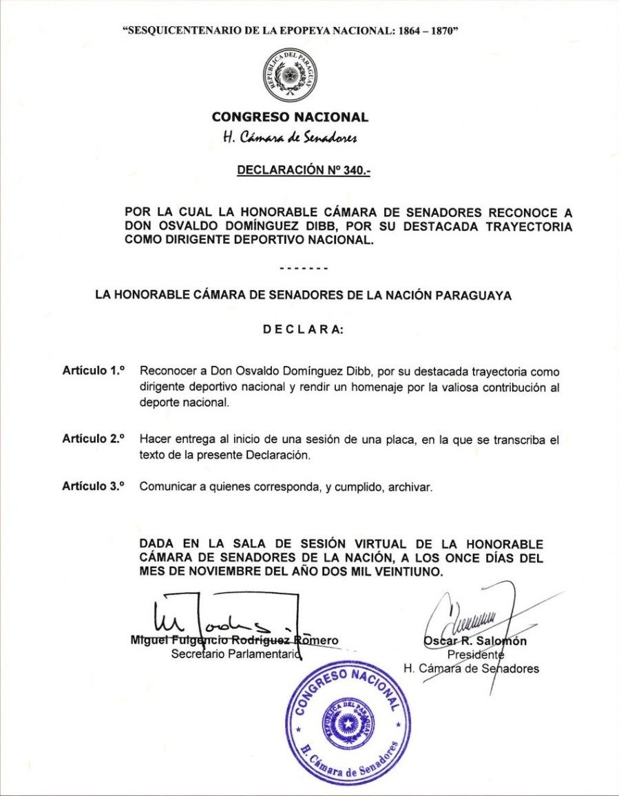 FALG1080am's tweet photo. Osvaldo Dominguez Dibb recibió de la Cámara de Senadores un reconocimiento por su destacada trayectoria como dirigente deportivo nacional #Olimpia #AM1080 https://t.co/pnxPCoincN