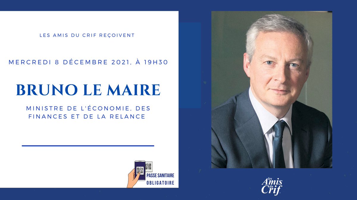 Les Amis du Crif (@amisducrif) on Twitter photo #Guest - Mercredi 8 décembre 2021, à 19h30, les Amis du Crif auront le plaisir de recevoir <a href="/BrunoLeMaire/">Bruno Le Maire</a>, Ministre de l'économie, des finances et de la relance, pour une conférence exceptionnelle.
Pour s'inscrire, rendez-vous sur ce lien 👇
bit.ly/3l9apd8 #Guest - Mercredi 8 décembre 2021, à 19h30, les Amis du Crif auront le plaisir de recevoir <a href="/BrunoLeMaire/">Bruno Le Maire</a>, Ministre de l'économie, des finances et de la relance, pour une conférence exceptionnelle.
Pour s'inscrire, rendez-vous sur ce lien 👇
bit.ly/3l9apd8