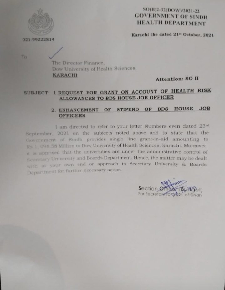 konainkhalid03's tweet photo. DUHS gets grant in aid of 1,098 Million PKR from Health department of Sindh still they pay 20,000PKR instead of 45,000Pkr per month to its Dental HOs.
@pmc_org_ 
@BBhuttoZardari 
@SindhCMHouse 

#JusticeForDUHSDentalHouseofficers https://t.co/qTpxsbR43l