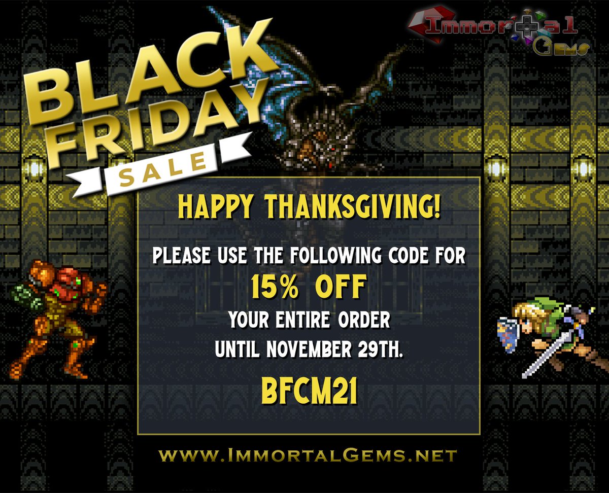 Immortal_Gems's tweet image. Come celebrate Thanksgiving with us!

Use the code "BFCM21" during checkout for 15% off your entire order!

immortalgems.net

Sale will last from now, until November 29th.

#blackfriday2021 #snes #mediacase #zelda #finalfantasy #immortalgems #sale