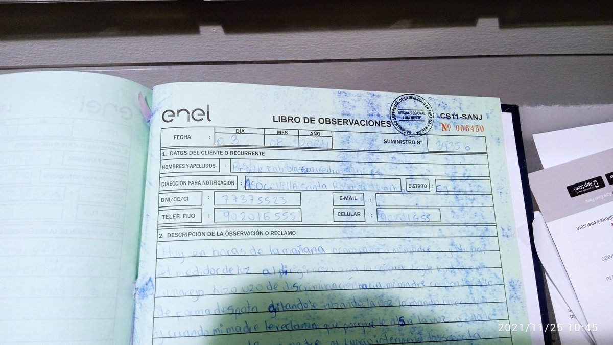 GonzaloQcc's tweet photo. DENUNCIA PÚBLICA
en @EnelPeru sede San Juan de Lurigancho no me quieren entregar el LIBRO DE RECLAMACIONES. Me están peloteando con diversas personas y el libro que está visible está lleno y la última página esta llenada en agosto.
Ayúdenme con un RT por favor
1/x https://t.co/51GksRYjjE