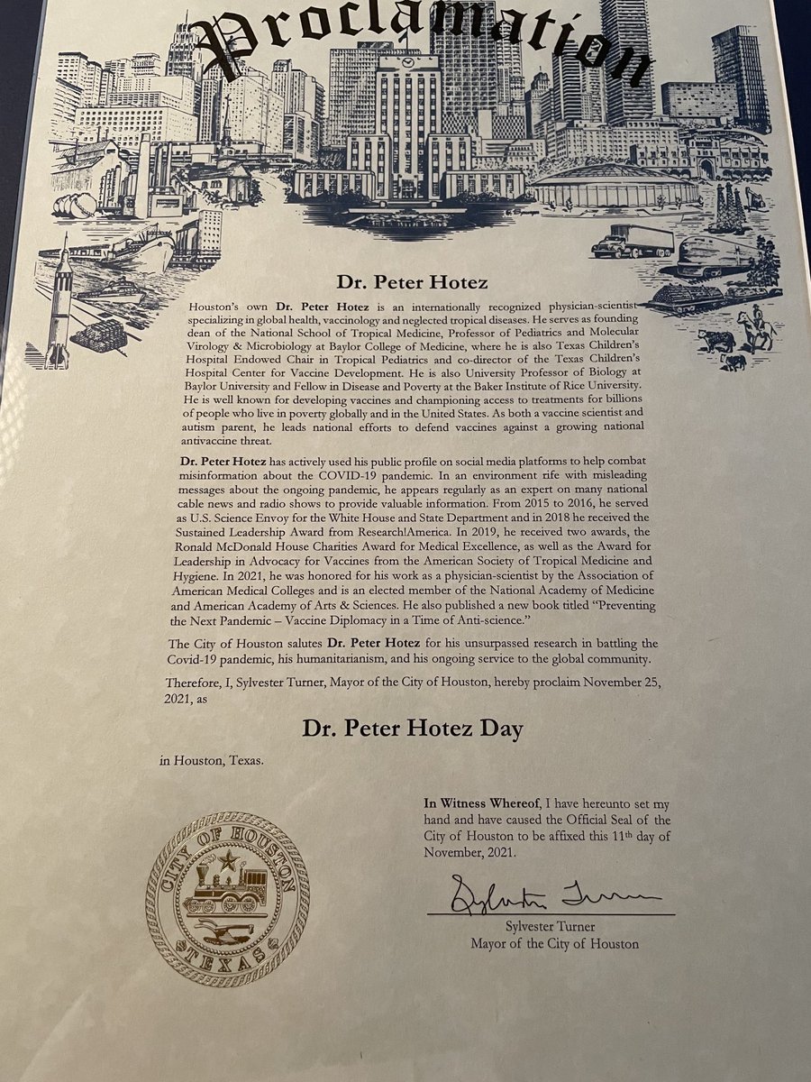 PeterHotez's tweet photo. Deeply appreciate all the love and support from ⁦@HoustonTX⁩ ⁦@houmayor⁩ ⁦@SylvesterTurner⁩ today, which in turn I dedicated to all my amazing colleagues, healthcare professionals, staff, scientists at our ⁦@TXMedCenter⁩ ⁦and Houston and Texas https://t.co/hF4CF6K99H
