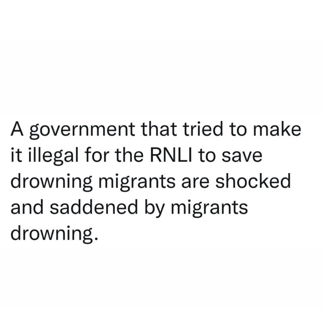 CharliSkinner's tweet photo. A government that tried to make it illegal for the RNLI to save drowning migrants are shocked and saddened by refugees drowning #hypocrites #hostileenvironment https://t.co/paW4urMX1j