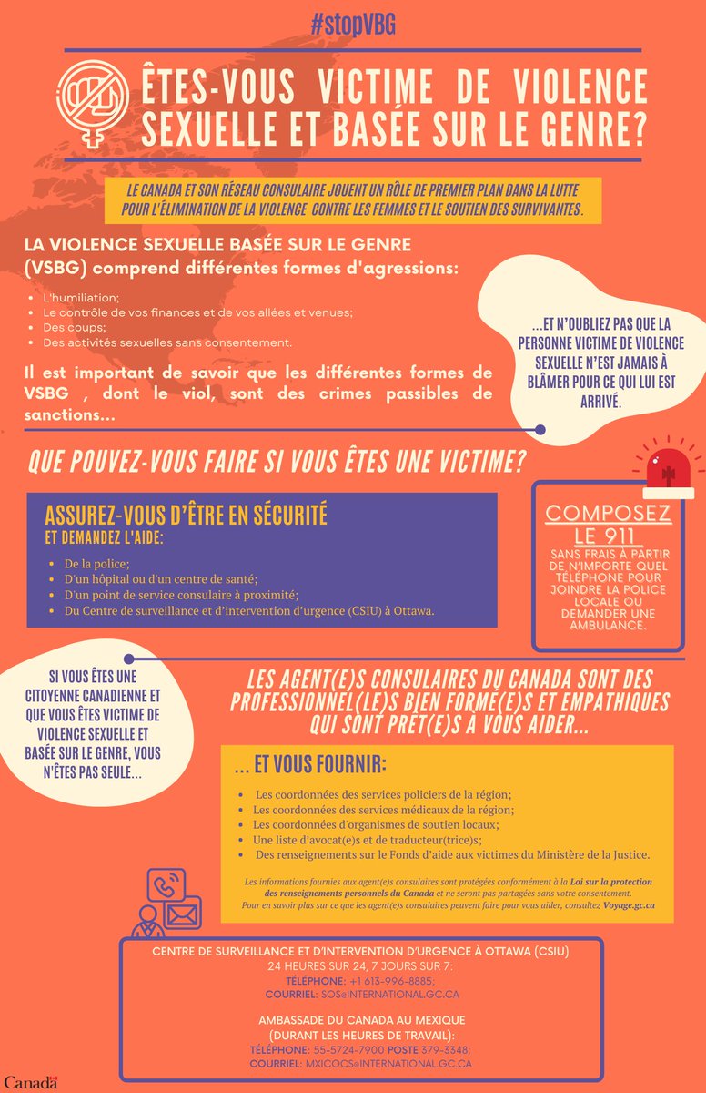 Le Canada reste à l'avant-garde de la lutte pour l'élimination de la #violencecontrelesfemmes. Si vous êtes une Canadienne au🇲🇽 et que vous avez besoin d'aide consulaire en raison de violence basée sur le genre, les agent(e)s consulaires du🇨🇦 sont prêt(e)s à vous aider. #stopvbg