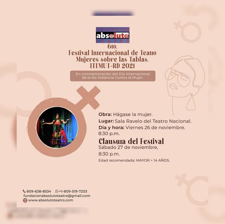 TeatroGULOYA's tweet photo. HÁGASE LA MUJER del @teatroguloya dentro del marco del 6to «Festival de teatro mujeres sobre las tablas» #FITMUT-RD, en conmemoracion del Dia Internaciones de la No Violencia Contra la Mujer.

PARA MAYORES DE 14 AÑOS
📅Viernes 26 y 27 de noviembre 2021
🕡8:30p.m.
📍Sala Ravelo https://t.co/BHIp4milj1