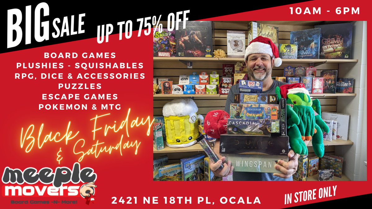 MeepleMovers's tweet photo. Dont miss our #blackfridaysales in store only Friday and Saturday!  Check back on for Cyber Monday for another massive sale!  

2421 NE 18th PL Ocala.  Special hours: 10am - 6pm https://t.co/qFJlHF4LjQ
