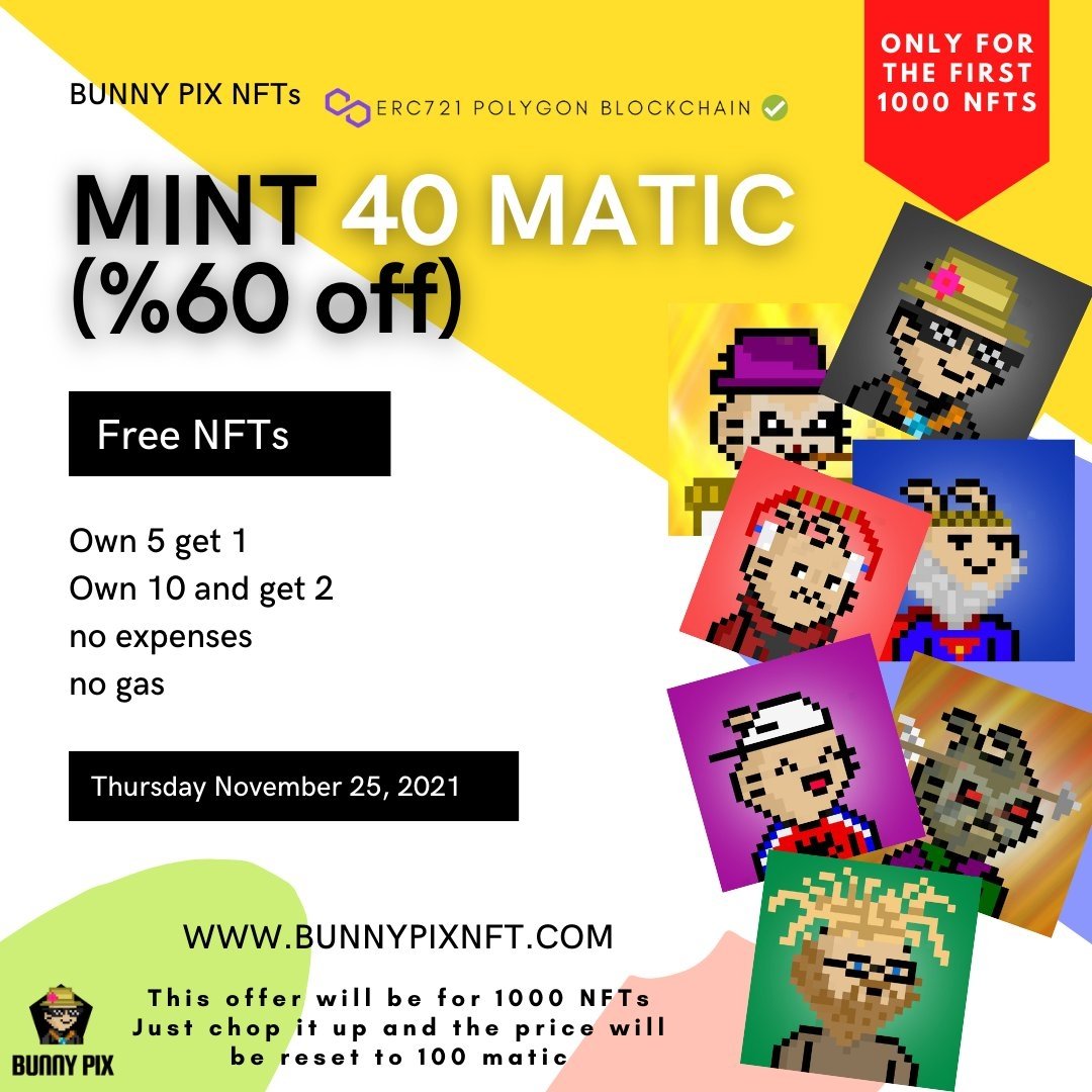 Abandons75's tweet photo. 🔥 "MINT LIVE NOW "🔥
🔵: Don't miss out on this project 
💸: price : 40 MATIC 
60% off for the first 1000 tokens
Benefits for pregnant families and gifts 🎉

**MINT LINK** :https://t.co/qnRqCppyLL
✅RT &amp; ❤️
✅Follow @bunypix https://t.co/iIaBcT2LST