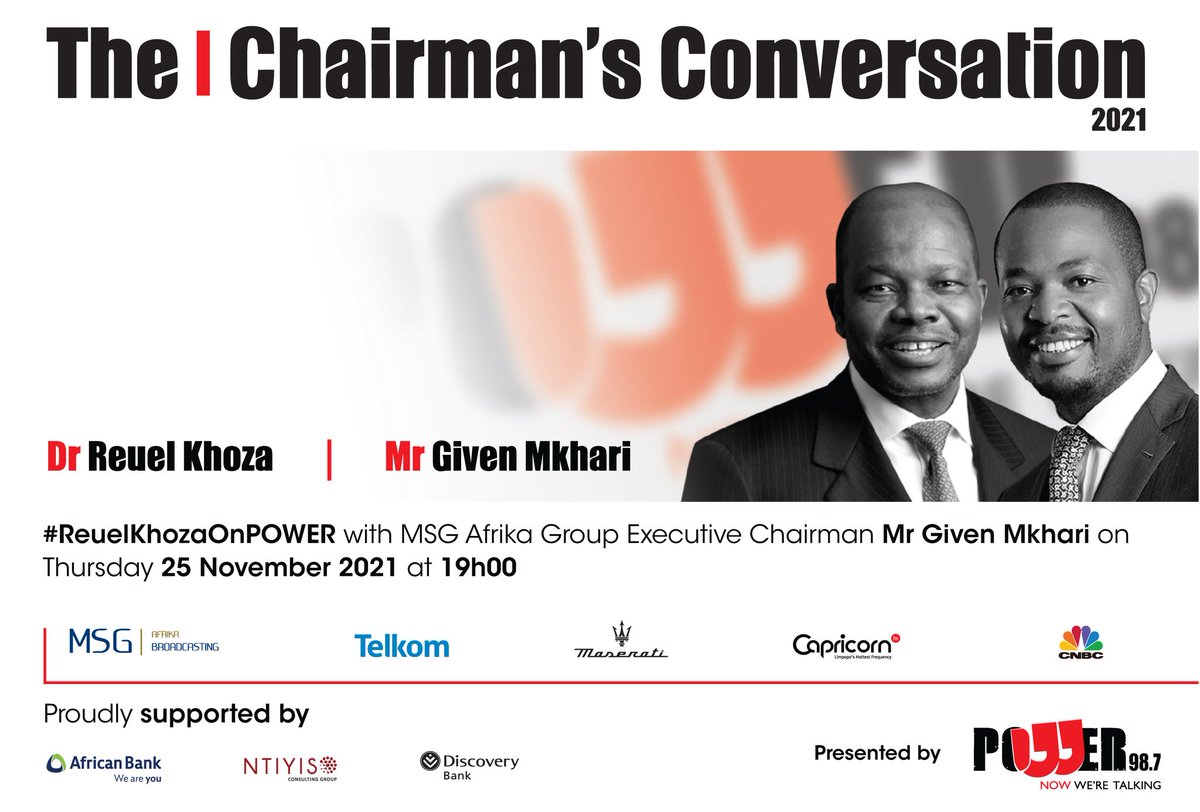 iGazolo_SA's tweet photo. Few minutes to go. We can't wait for the #ChairmanConversation 2021 with MSG Afrika Group Executive Chairman Given Mkhari and Dr Reuel Khoza On Power. We're phakaaathi Bahlali 🙌
@Powerfm987 https://t.co/uyuINJzsq4