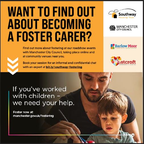 <a href="/ManCityCouncil/">Manchester City Council</a> Still a final few slots available online and at community venues in #Chorlton #Burnage and #OldMoat #Withington for our Foster Care Roadshow with <a href="/ManCityCouncil/">Manchester City Council</a> next week. Book your informal 1-2-1 chat about making a real difference at bit.ly/southway-foste…
