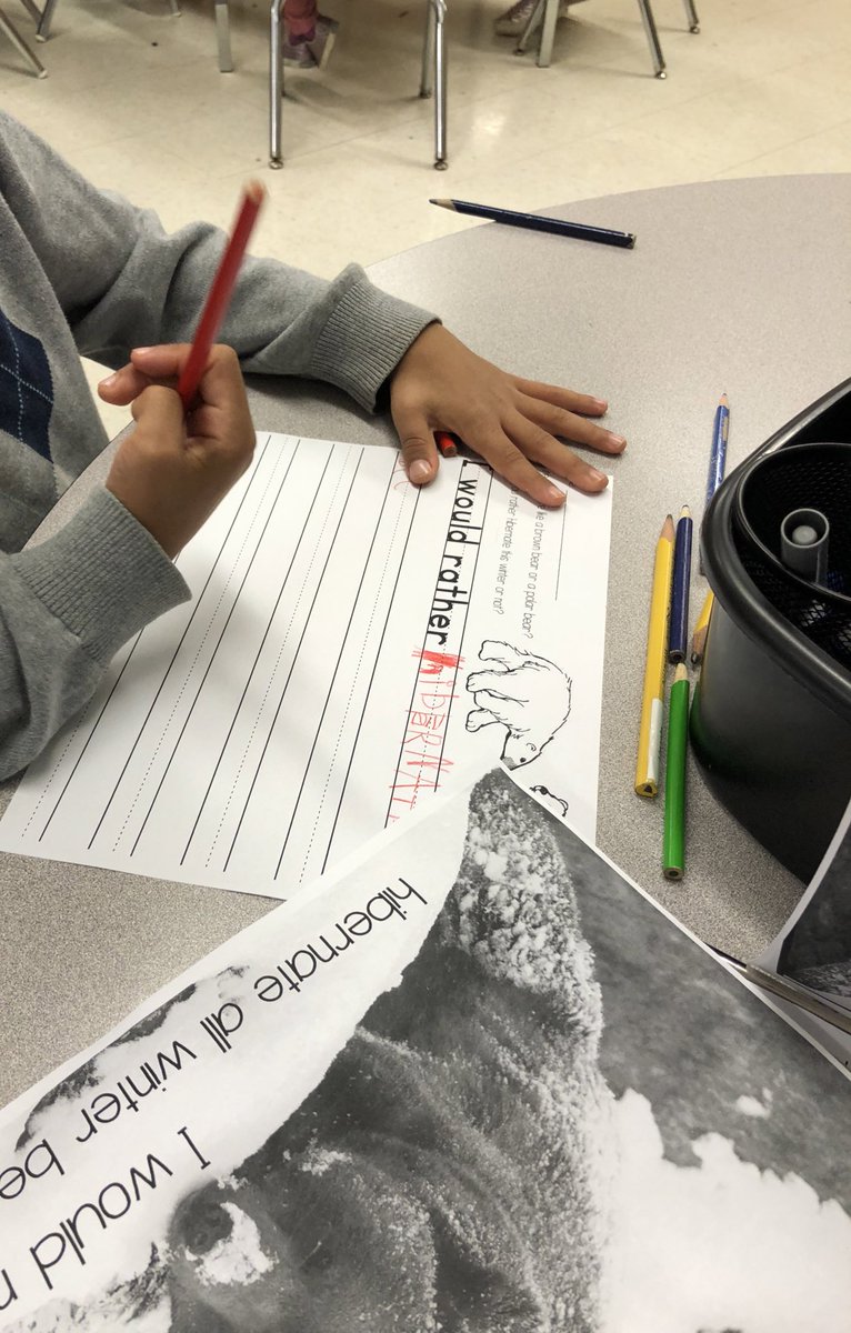 MsLaurenMax's tweet photo. At our #writingcenter, we decided if we would rather hibernate like a brown bear or stay awake like a polar bear! We had some good #inquiry questions about camouflaging in the winter as well! @TDSB_IRC @tdsb https://t.co/sWdqWWVVvo