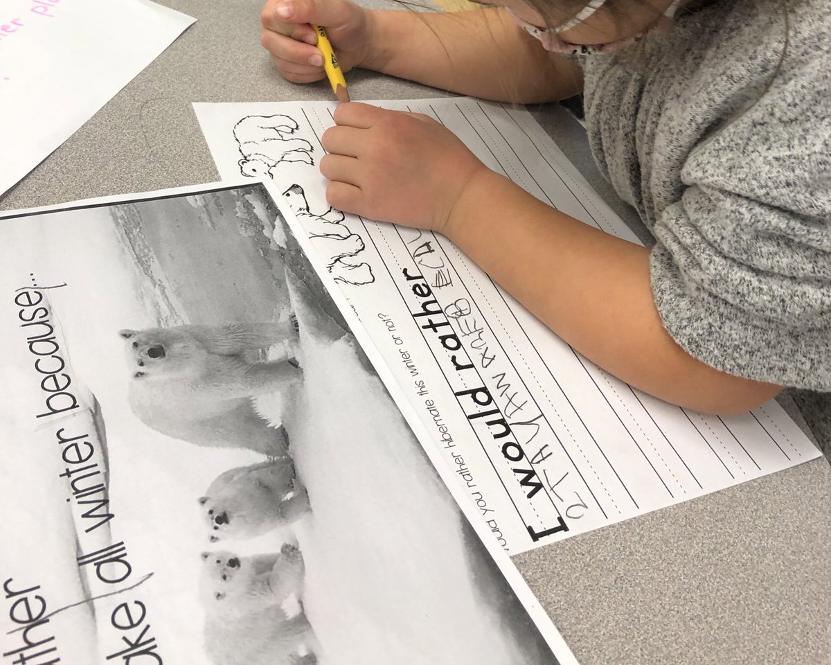 MsLaurenMax's tweet photo. At our #writingcenter, we decided if we would rather hibernate like a brown bear or stay awake like a polar bear! We had some good #inquiry questions about camouflaging in the winter as well! @TDSB_IRC @tdsb https://t.co/sWdqWWVVvo
