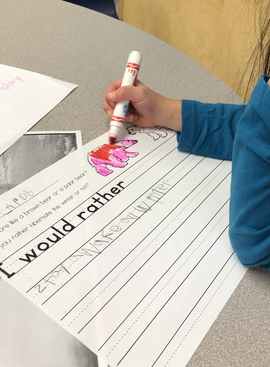 MsLaurenMax's tweet photo. At our #writingcenter, we decided if we would rather hibernate like a brown bear or stay awake like a polar bear! We had some good #inquiry questions about camouflaging in the winter as well! @TDSB_IRC @tdsb https://t.co/sWdqWWVVvo