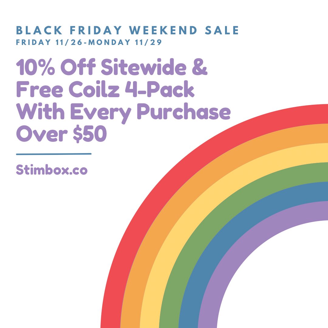 stim_box's tweet photo. We’re so excited to announce our Black Friday Weekend Sale! 10% off sitewide and free Coilz 4-Pack with every purchase over $50. This deal is available from Friday 11/26 to Monday 11/29 at https://t.co/47syDECxM9

As always we have free shipping for all domestic orders $50+ https://t.co/jvEe8OJy10