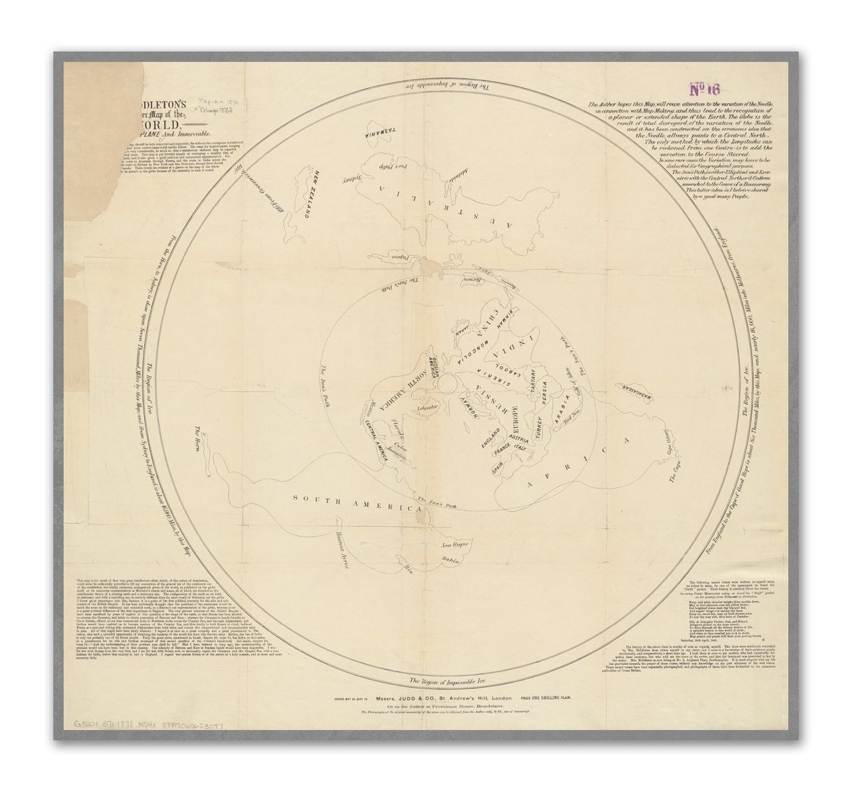 FlatEarthPrint's tweet photo. It's a shame the only available copy of this is damaged.  The author of this map believed the sun moved in an eliptical/boomerang fashion, unlike Gleason's version.   https://t.co/5auu5Sp0Um #flatearth #middletonmap #pioneermap #flatearthmap   #mapoftheworld https://t.co/itaSlurvnB