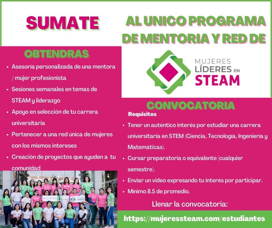 Queremos que más chicas #CECyTEO vivan la gran experiencia de empoderamiento😉que ofrece el programa #MujeresLíderesEnSTEAM. Aquí les dejamos un enlace para conocer todos los detalles y los pasos para postularse. Anímense porque ¡Queda poco tiempo!😮bit.ly/3CGFomF  #25N
