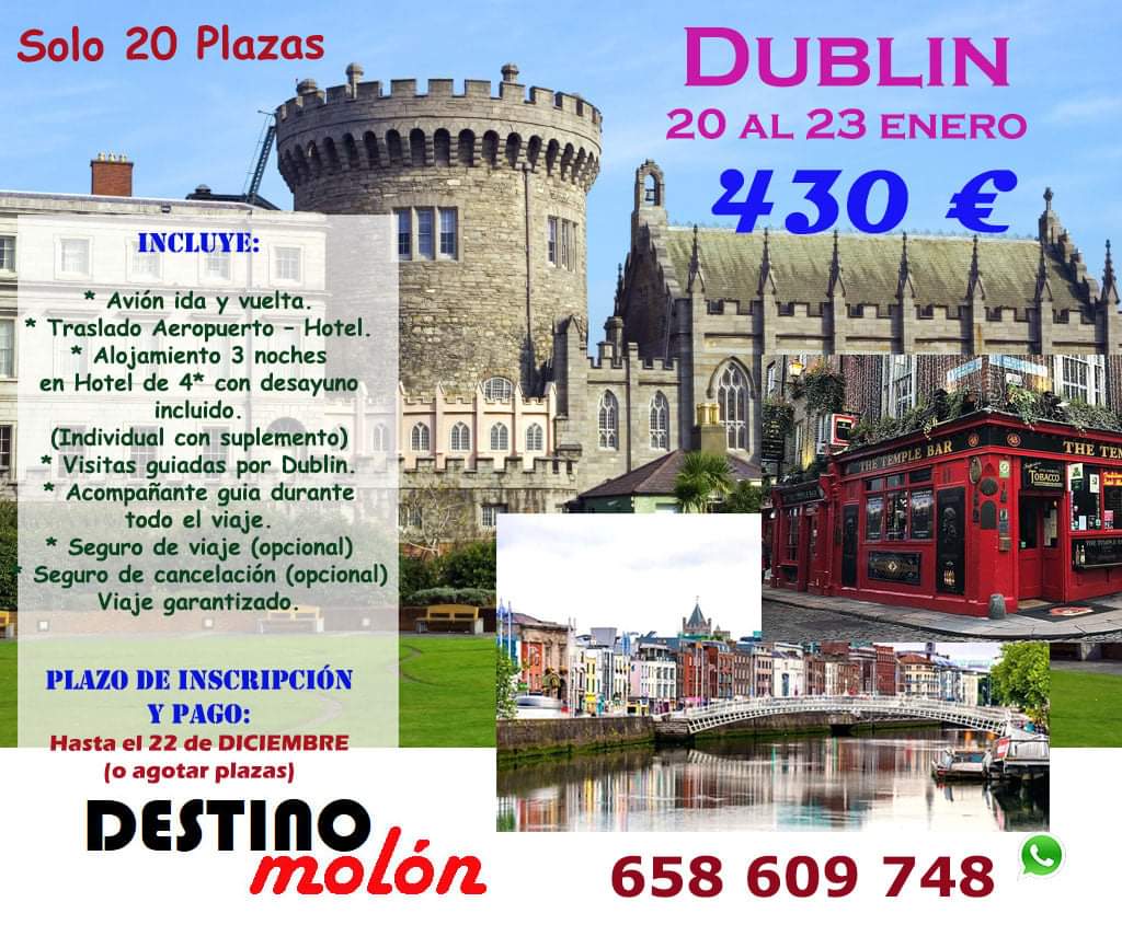Dublín tiene mucho para ver. 
Su castillo, la calle O'Connell (una de las más amplias de Europa), la Catedral de San Patricio, los pubs (te suena aquello de ir a un pub irlandés?), la fábrica de la Guinnes y mucho más.

Solo para 20 personas, a finales de enero...

#DestinoMolón