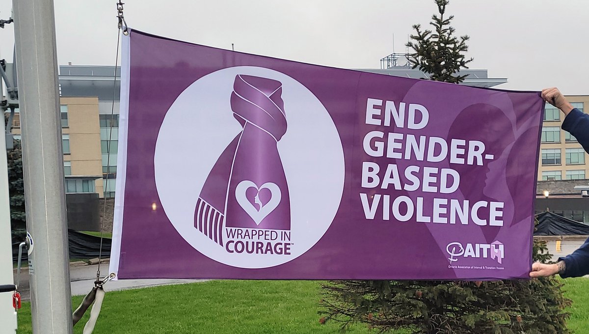 RegionofDurham's tweet photo. The Region of Durham raised the #WrappedInCourage flag today (November 25) in recognition of International Day for the Elimination of Violence against Women and the first day of the #16Days of Activism against Gender-Based Violence to raise awareness and promote gender equality. https://t.co/96JFAfceUv