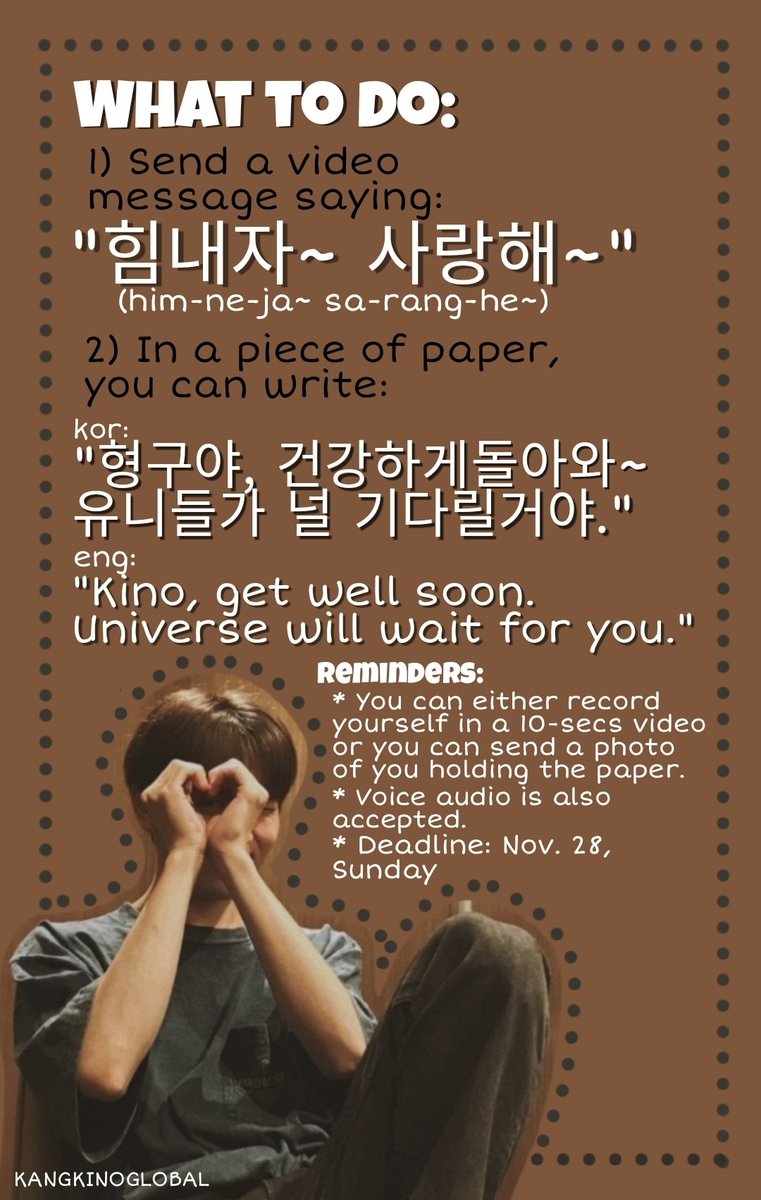 KANGKINOGLOBAL's tweet photo. Hello again, Universe. 

Please help us spread this tweet instead since the quoted tweet has some incorrect korean words.  

We hope alot of universe will participate in this small fan project for #KINO 

#펜타곤 #PENTAGON #키노 #건강하게_돌아와_키노 #GetWellSoonKINO @CUBE_PTG https://t.co/zrtmSQKF0i