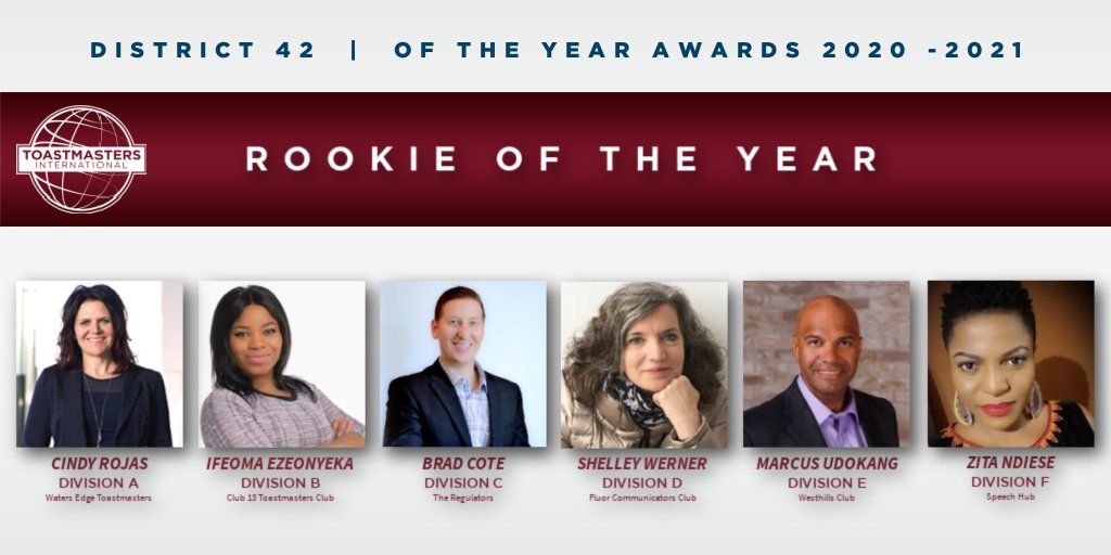 ToastmastersD42's tweet photo. District 42 Rookie of the Year Finalists 2020 -2021:
Division A ~ Cindy Rojas
Division B ~ Ifeoma Ezeonyeka
Division C ~ Brad Cote
Division D ~ Shelley Werner
Division E ~ Marcus Udokang
Division F ~ Zita Ndiese
#OfTheYearAwards #RookieOfTheYear #OTYs #District42 https://t.co/hafrt9KDGX