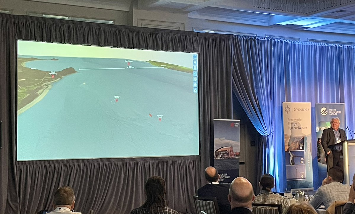 fundyforce's tweet photo. A visualization of the FORCE tidal demonstration site is presented at @Canadian_MRE conference by Barry Stevens of @3Dwavedesign as part of a session discussing strengthening #indigenousengagement in #MRE. #VitalityProject @CanadaOSC @PiscesRPM @uvic https://t.co/DoTMcG5K0Q
