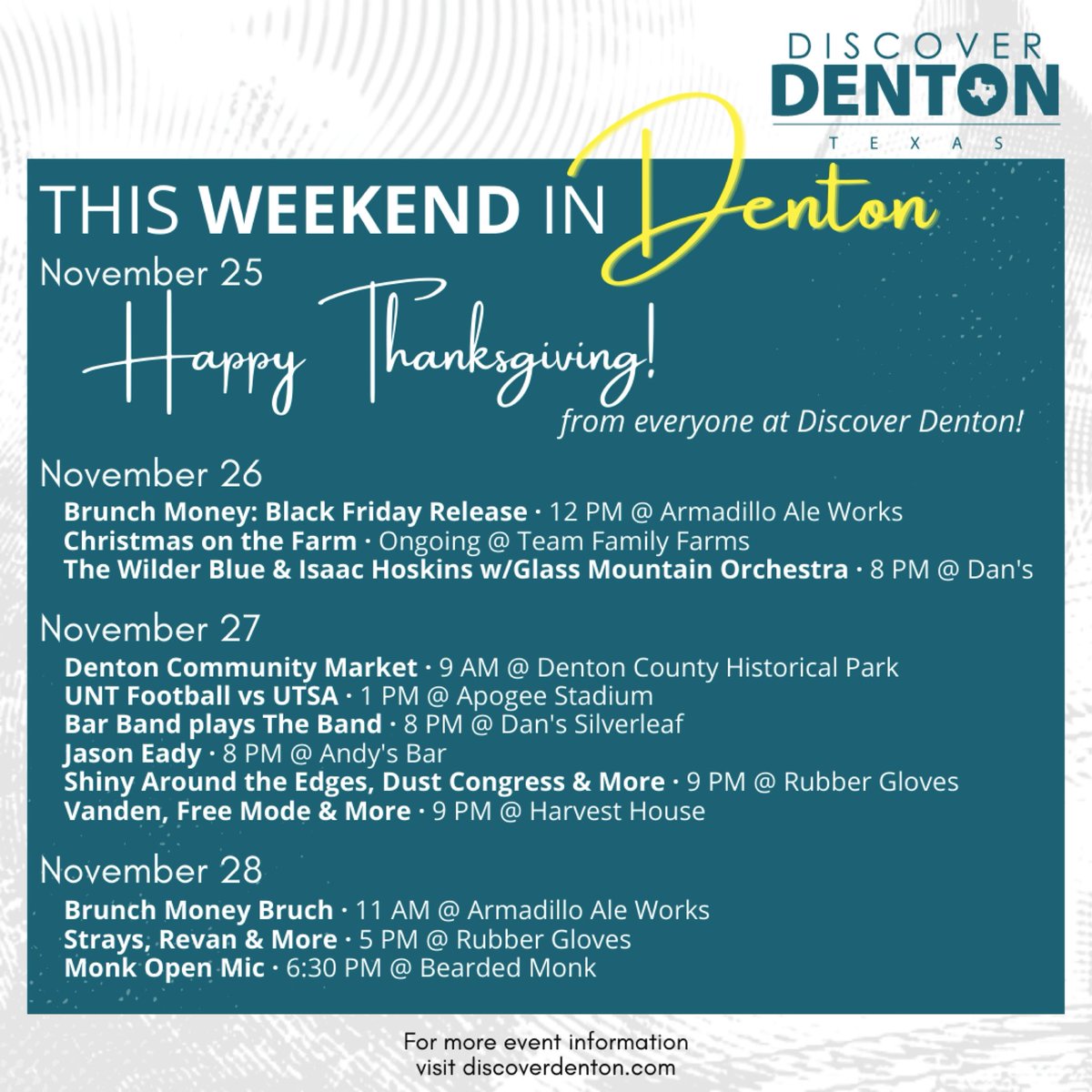 DiscoverDenton's tweet photo. Happy Thanksgiving from everyone at Discover Denton! https://t.co/IM1o9QmZOc