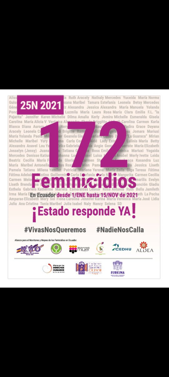 Día Internacional de la No Violencia contra la Mujer #CasasDeAcogidaEC
#EcuadorFemicida
#LasCasasNosSalvan
#AcogerParaSalvar
#VivasNosQueremos
#SeguridadyJusticiaParaLasMujeres
#NiUnaMenos
#NosTenemos
#EstadoFemicida 
#nuestrasvidasimportan