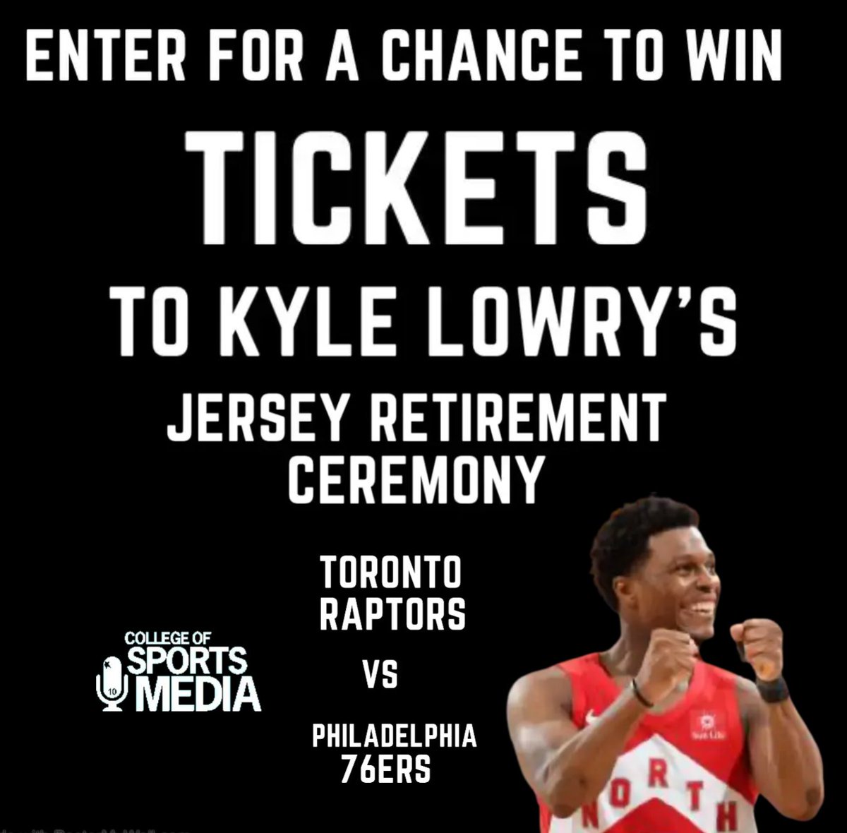 CSMSocial's tweet photo. Do you want to attend Kyle Lowry's retirement ceremony? 7⃣

The College of Sports Media is the place for you. 

Enter the Raptors giveaway at https://t.co/MAa9bgrSSm for a chance to win 2⃣ tickets to the Toronto Raptors vs. Philadelphia 76ers matchup on Saturday https://t.co/rVF3USyeOg