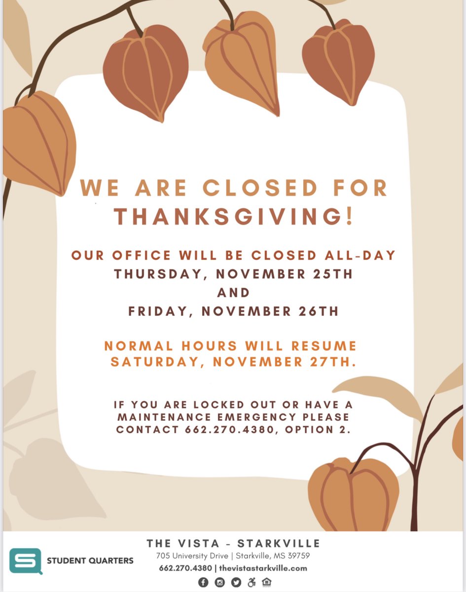 Happy Thanksgiving from The Vista! Our office will be closed 11/25 &amp; 11/26 for Thanksgiving day. We will reopen Saturday 11/27! For any emergencies call 662-270-4380, option 2! 🦃🍂