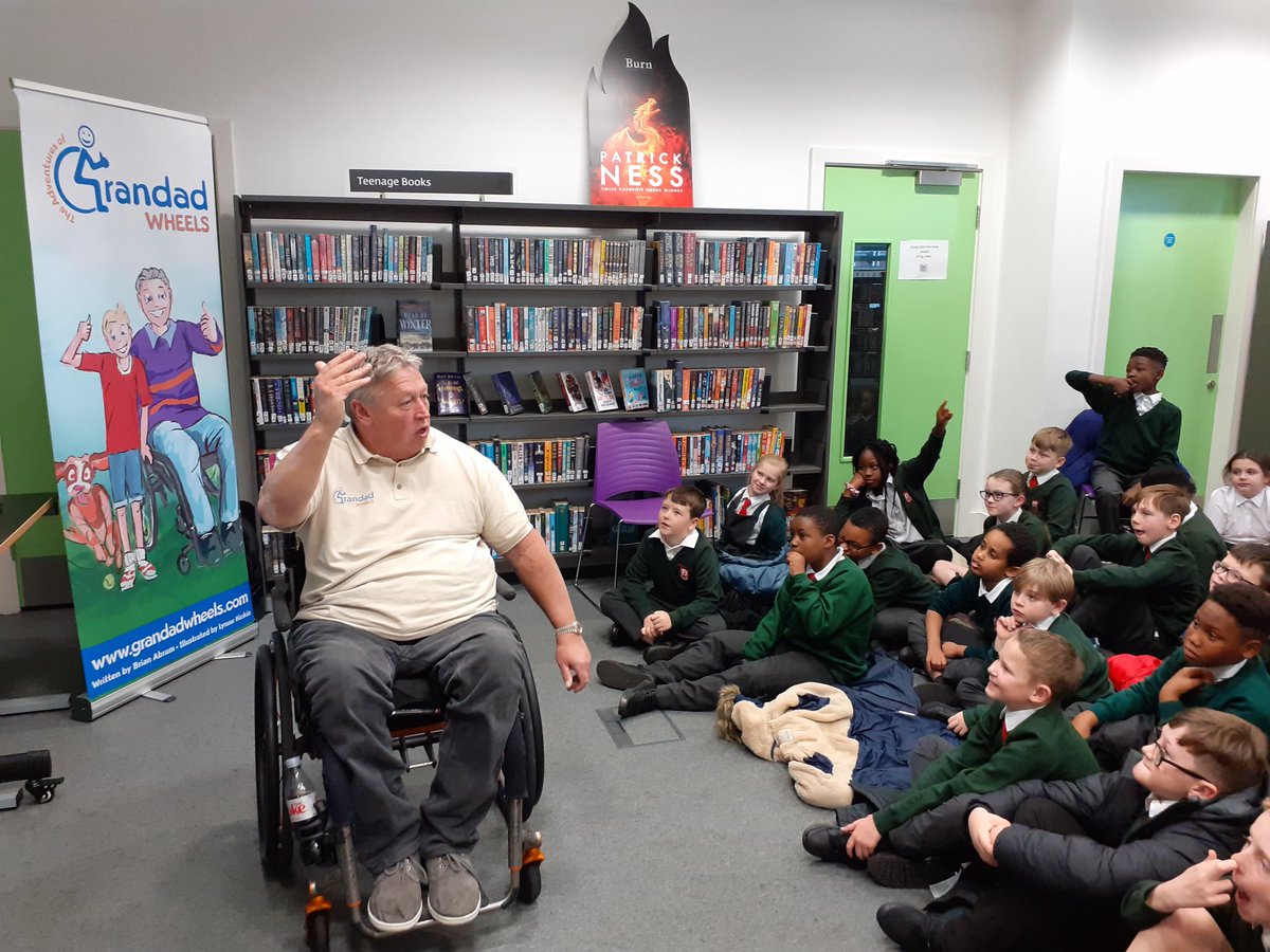 AlisonG2010's tweet photo. Fabulously funny stories from @GrandadWheels aka Brian Abrams at #AvenueLibrary this pm all about Charlie's adventures with his whacky grandad and his wheelchair- great weird questions by Y5  St Margaret Mary's RC primary in Moston @UKDHM @MCRCityofLit #ReadMCR @MCCCharlestown https://t.co/ySSigo8ymN