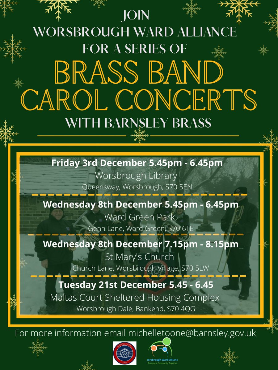 tinytoone1986's tweet photo. The festive season is almost upon us and we all know 
“The best way to spread Christmas cheer is singing loud for all to hear” 🎶🎄

Please join us and @BarnsleyBrass at one of our 4 community carol concerts in Worsbrough throughout December 🎺🎼

@BerneslaiHomes  @BarnsleyLibs https://t.co/hu6jx1gHEq