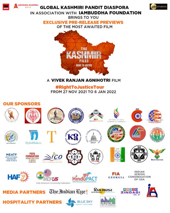 kp_global's tweet photo. We are proud to present #TheKashmirFiles exclusive, by invite only, pre-release previews in USA, in collaboration with 36 partners and allies.
 
The tour that concludes on the 6th of Jan 2022 shall also include many high powered interactions.

#LetTruthBeTold #RightToJustice https://t.co/85cZM4eCs6