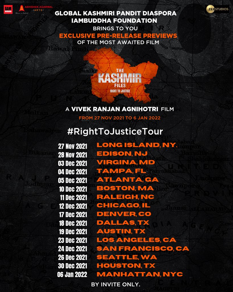 kp_global's tweet photo. We are proud to present #TheKashmirFiles exclusive, by invite only, pre-release previews in USA, in collaboration with 36 partners and allies.
 
The tour that concludes on the 6th of Jan 2022 shall also include many high powered interactions.

#LetTruthBeTold #RightToJustice https://t.co/85cZM4eCs6