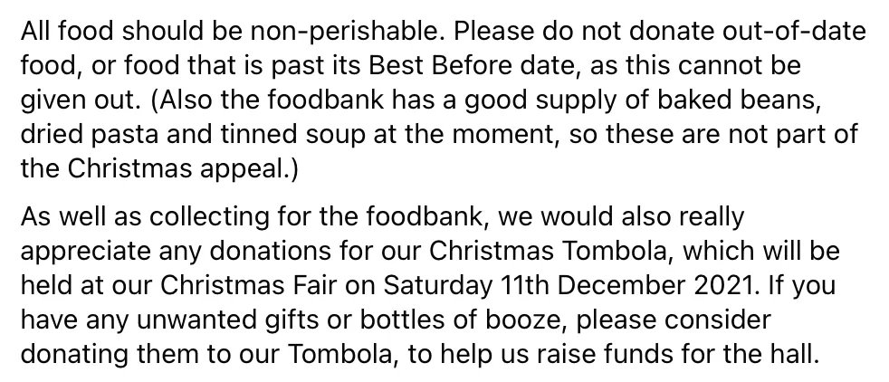 All next week, we are collecting donations for the Stretford foodbank Christmas appeal. Donations can be dropped off at Stretford Public Hall between 9am – 4.30pm, from Mon 29th Nov to Fri 3rd Dec.
(Please see below for particular donations that are needed)
@Stretfordfb