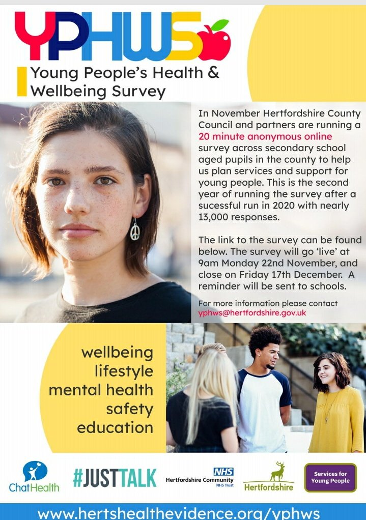 HCT_SchoolNurse's tweet photo. The young peoples health and wellbeing survey is now live until 17th December ✉ this is a 20 minute anonymous online survey across secondary school aged pupils in Hertfordshire to help plan and support young people! 😊 #schoolnursinginhertfordshire https://t.co/230ZVWQwWk
