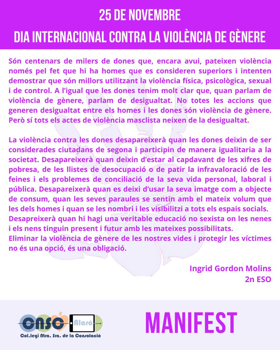 ConsolacioAlaro's tweet photo. #25N💜
DIA INTERNACIONAL CONTRA LA VIOLÈNCIA DE GÈNERE https://t.co/vG0WgIUatG