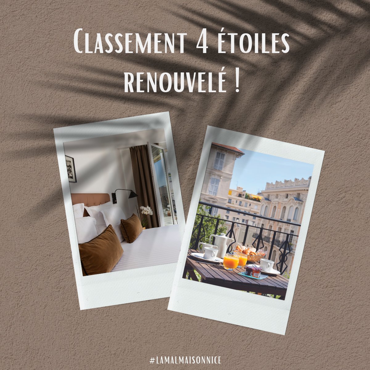 NEHOgroup's tweet photo. Nous sommes fiers de vous annoncer que notre établissement La Malmaison Nice a obtenu le renouvellement de son classement 4 étoiles !

#lamalmaisonnice #nice #boutiquehotel #4etoiles #hotellerie #nehogroup #ilovenice https://t.co/N4UHlYDL8L