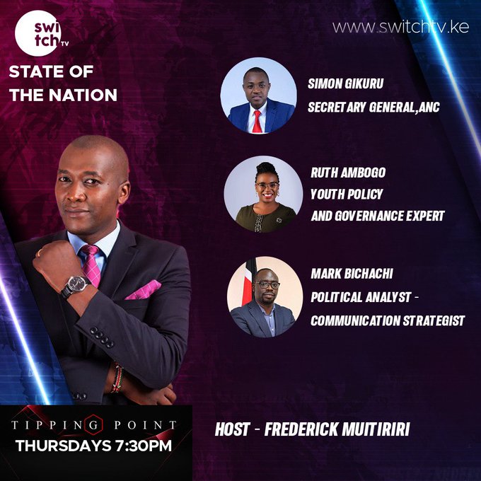 switchtvkenya's tweet photo. It's live and its HOT. You dont wanna miss this. Tune in to @switchtvkenya as we discuss 'State Of The Nation'
#TippingPointKe https://t.co/oYzfowqSG2