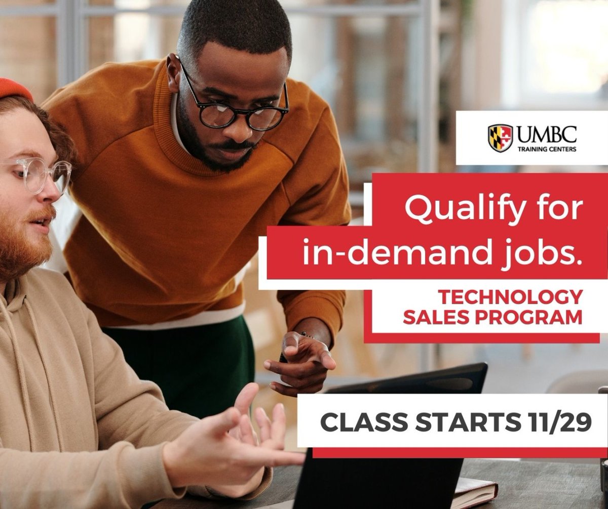 virtanzas2j's tweet photo. It's not too late to join peers pursuing careers in #TECHSALES at @UMBCtraining We begin talking jobs and mapping your plan on Day 1. Join us! Think out loud with Admissions: https://t.co/Cm431mhvGF https://t.co/xTe5sYGsnr