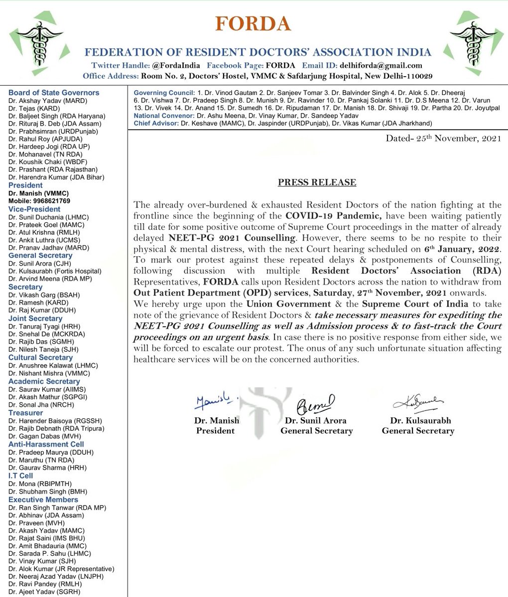 RDA_SJH's tweet photo. In view of repeated delays and postponements in #neetcounselling,RDA SJH stands in full support with @FordaIndia &amp; various RDAs across the nation to mark our protest by withdrawing OPD services from 27th November onwards.@MoHFW_INDIA @ndtv @PTI_News @mansukhmandviya https://t.co/erMuhSyQKR