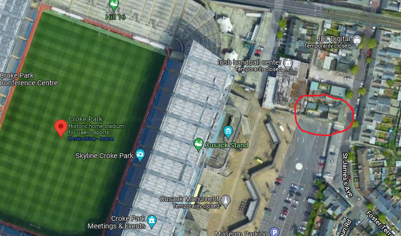 I lived for a few years in that circled house literally right next to the Cusack Stand entrance and we never had a complaint about Croke Park being used for matches and concerts because, before we moved in, we noticed there was a very large stadium next to us.