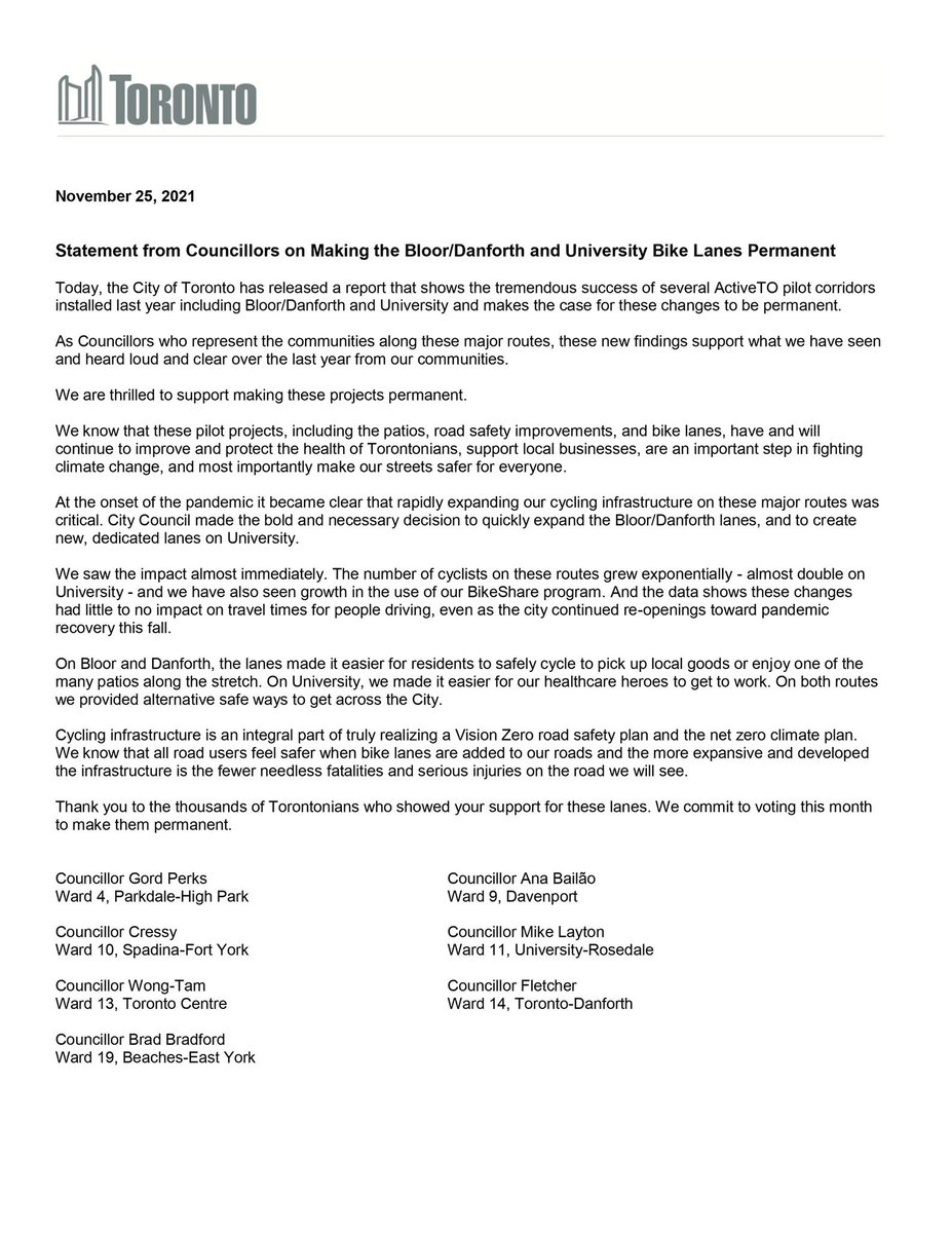 BradMBradford's tweet image. Great news for bikes. A win for Main Streets. Proud to join my colleagues today in support of making Bloor-Danforth &amp;amp; University ActiveTO lanes permanent.

Our #DestinationDanforth lanes have been transformative in #BEY. The benefits to community &amp;amp; #smallbiz are clear.👏